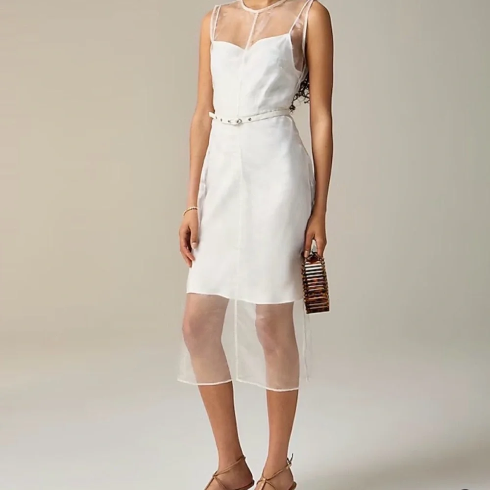 J. Crew Sheer-Overlay White Midi Dress